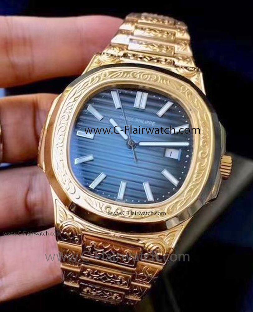 Copy Nautilus Patek Philippe Engraving Watch Yellow Gold Blue Di